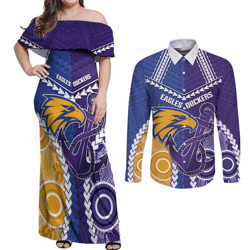 Custom Football Eagles and Dockers Couples Matching Off Shoulder Maxi Dress and Long Sleeve Button Shirt 2026 Together Aboriginal Polynesian Pattern