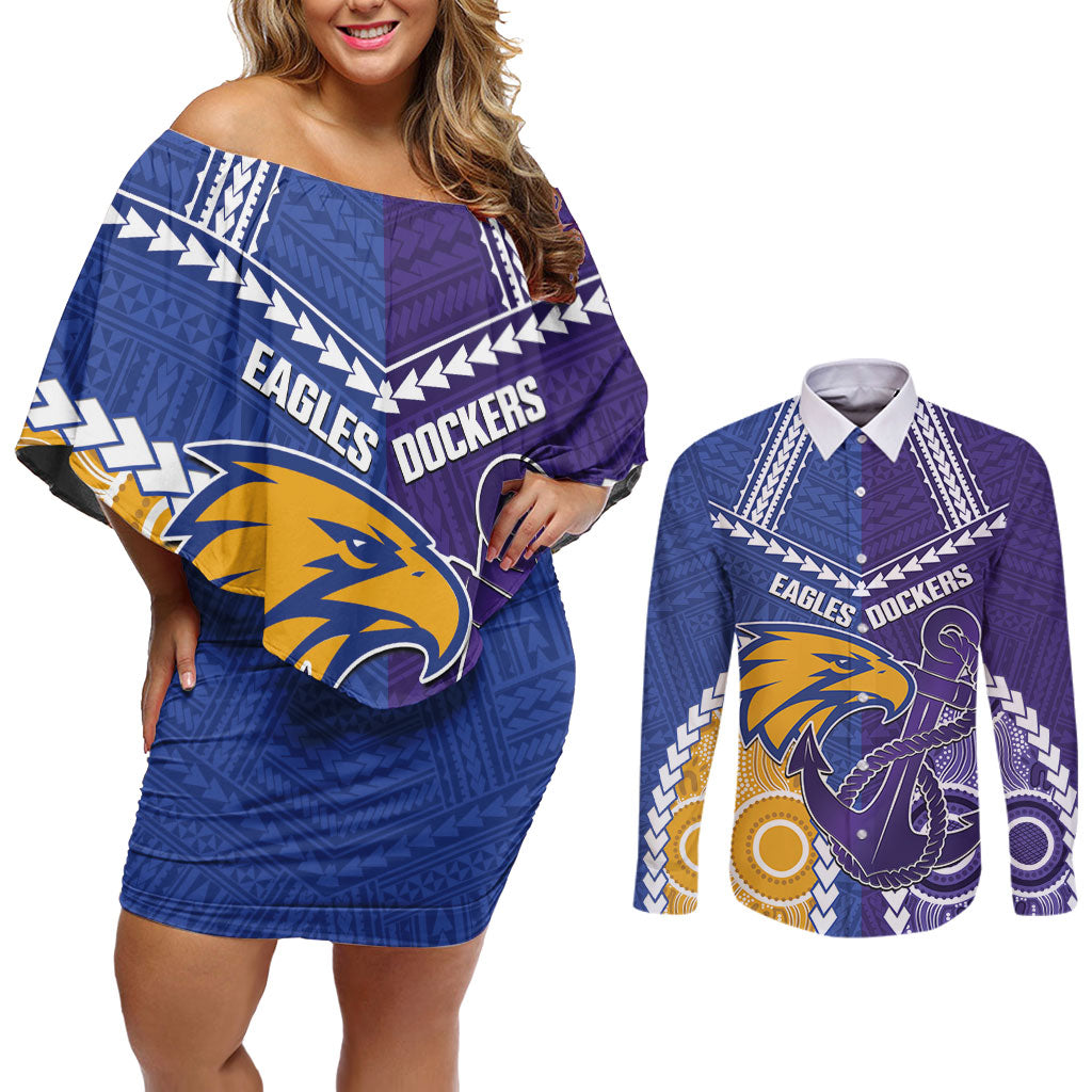 Custom Football Eagles and Dockers Couples Matching Off Shoulder Short Dress and Long Sleeve Button Shirt 2026 Together Aboriginal Polynesian Pattern