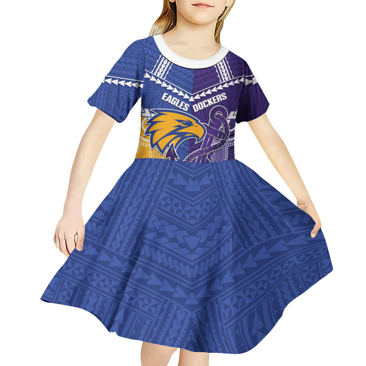 Custom Football Eagles and Dockers Kid Short Sleeve Dress 2026 Together Aboriginal Polynesian Pattern