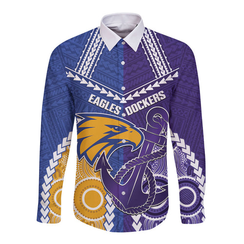 Custom Football Eagles and Dockers Long Sleeve Button Shirt 2026 Together Aboriginal Polynesian Pattern