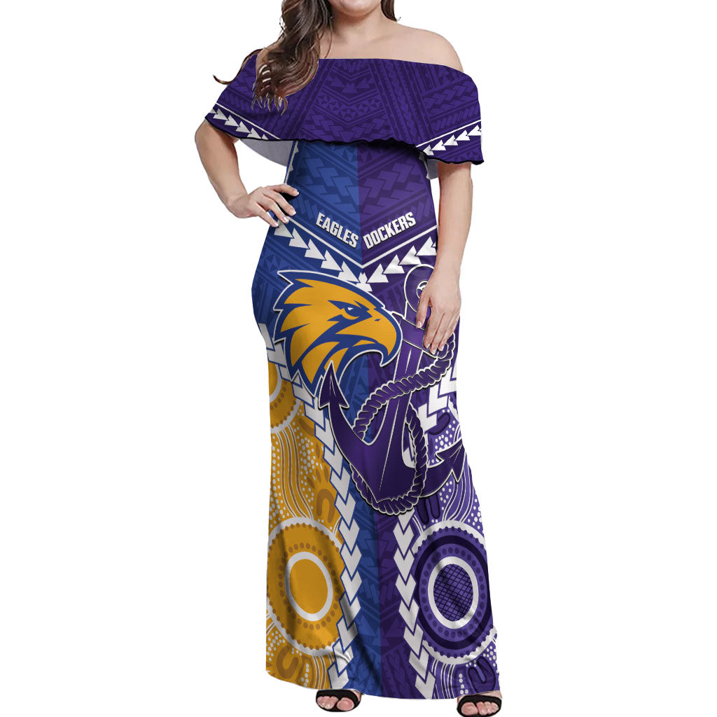 Custom Football Eagles and Dockers Off Shoulder Maxi Dress 2026 Together Aboriginal Polynesian Pattern