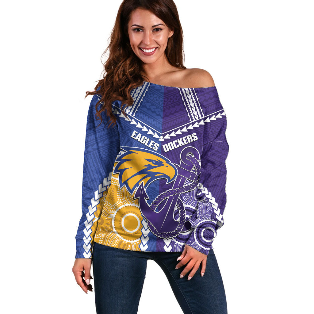 Custom Football Eagles and Dockers Off Shoulder Sweater 2026 Together Aboriginal Polynesian Pattern