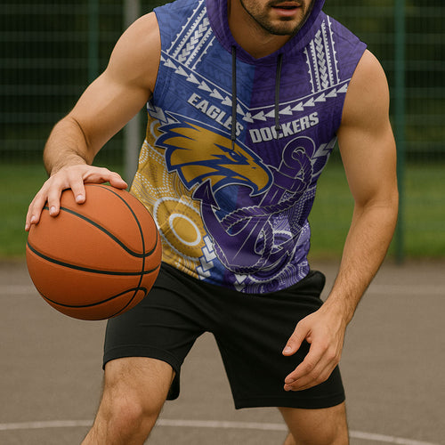 Custom Football Eagles and Dockers Sleeveless Hoodie 2026 Together Aboriginal Polynesian Pattern