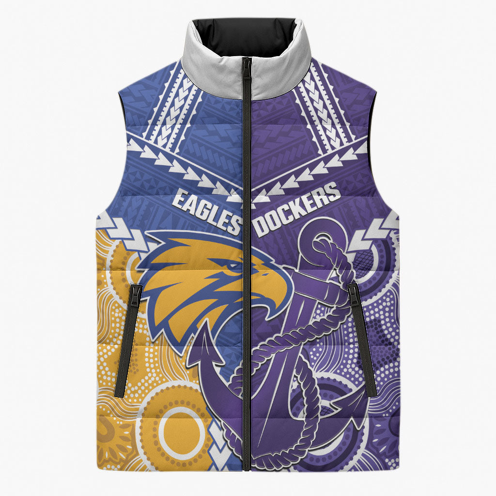 Custom Football Eagles and Dockers Sleeveless Puffer Jacket 2026 Together Aboriginal Polynesian Pattern