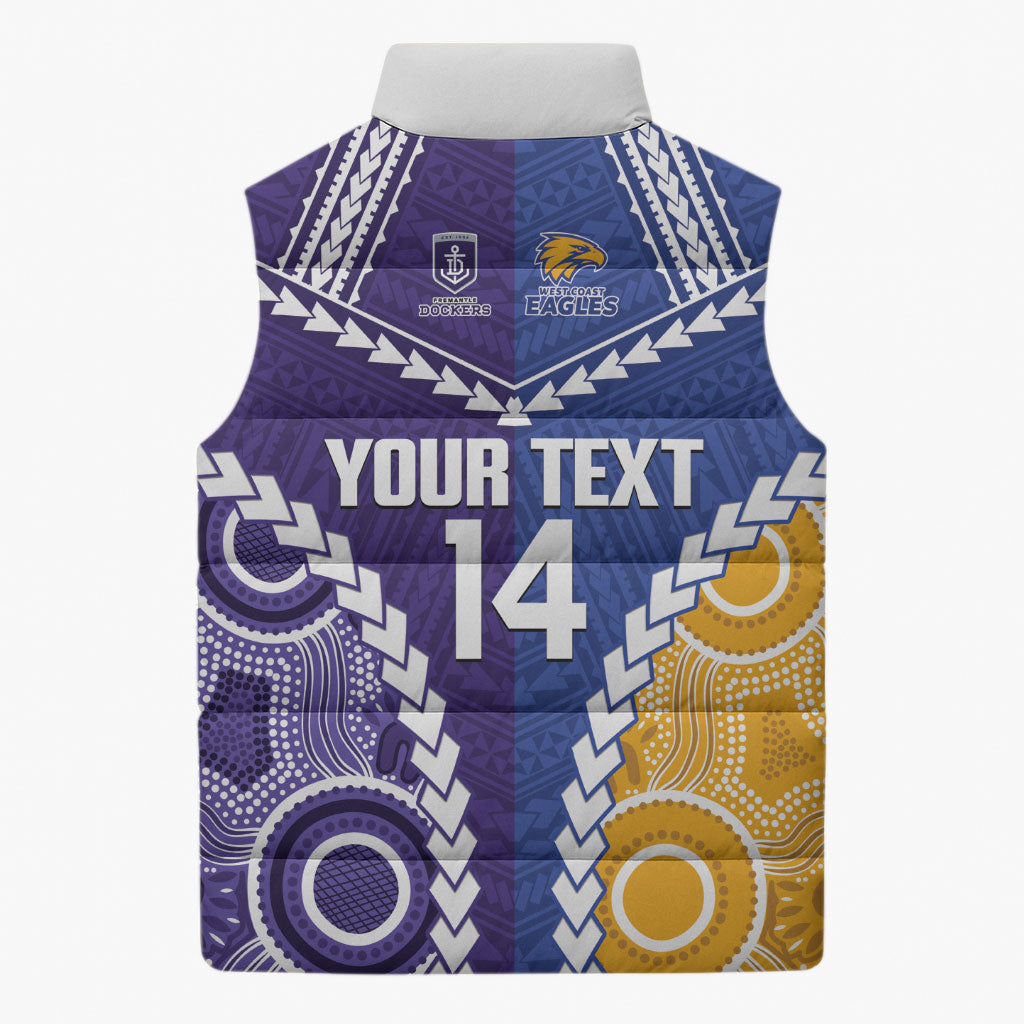 Custom Football Eagles and Dockers Sleeveless Puffer Jacket 2026 Together Aboriginal Polynesian Pattern