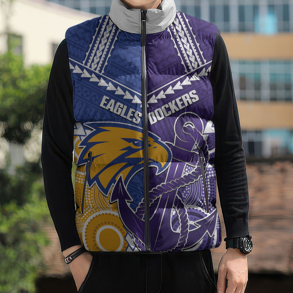 Custom Football Eagles and Dockers Sleeveless Puffer Jacket 2026 Together Aboriginal Polynesian Pattern