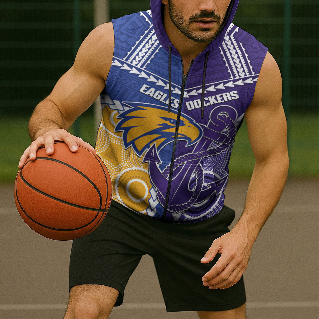 Custom Football Eagles and Dockers Sleeveless Zip Hoodie 2026 Together Aboriginal Polynesian Pattern
