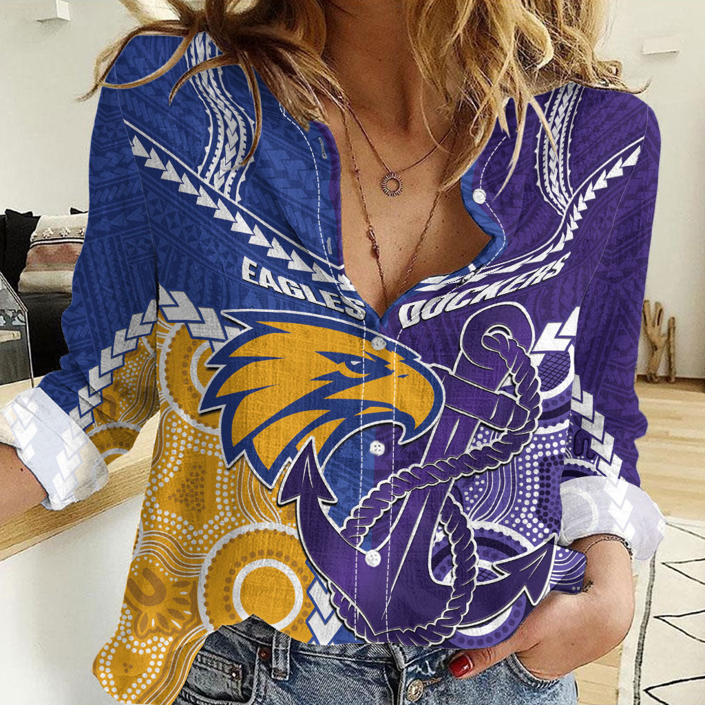 Custom Football Eagles and Dockers Women Casual Shirt 2026 Together Aboriginal Polynesian Pattern