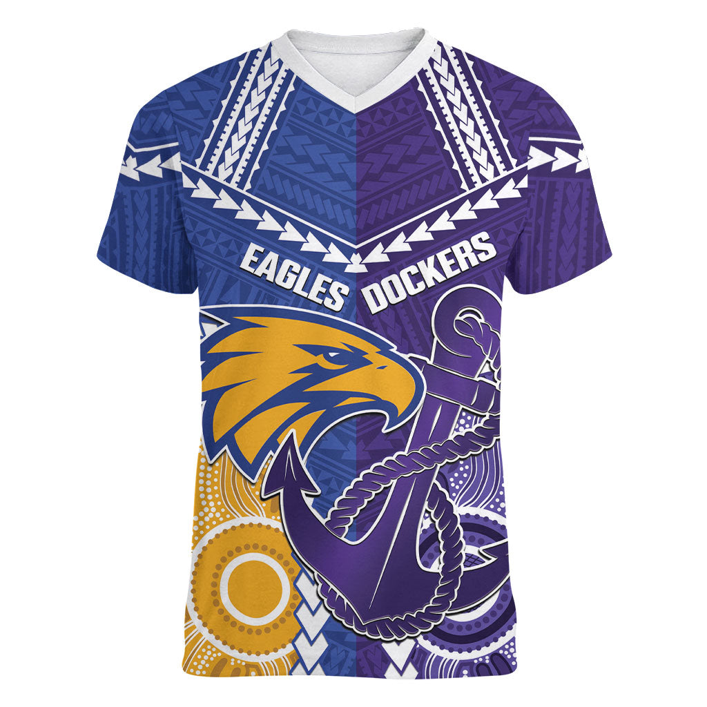Custom Football Eagles and Dockers Women V-Neck T-Shirt 2026 Together Aboriginal Polynesian Pattern