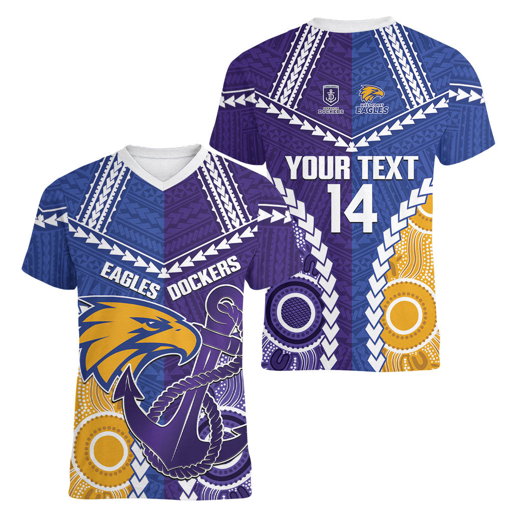 Custom Football Eagles and Dockers Women V-Neck T-Shirt 2026 Together Aboriginal Polynesian Pattern