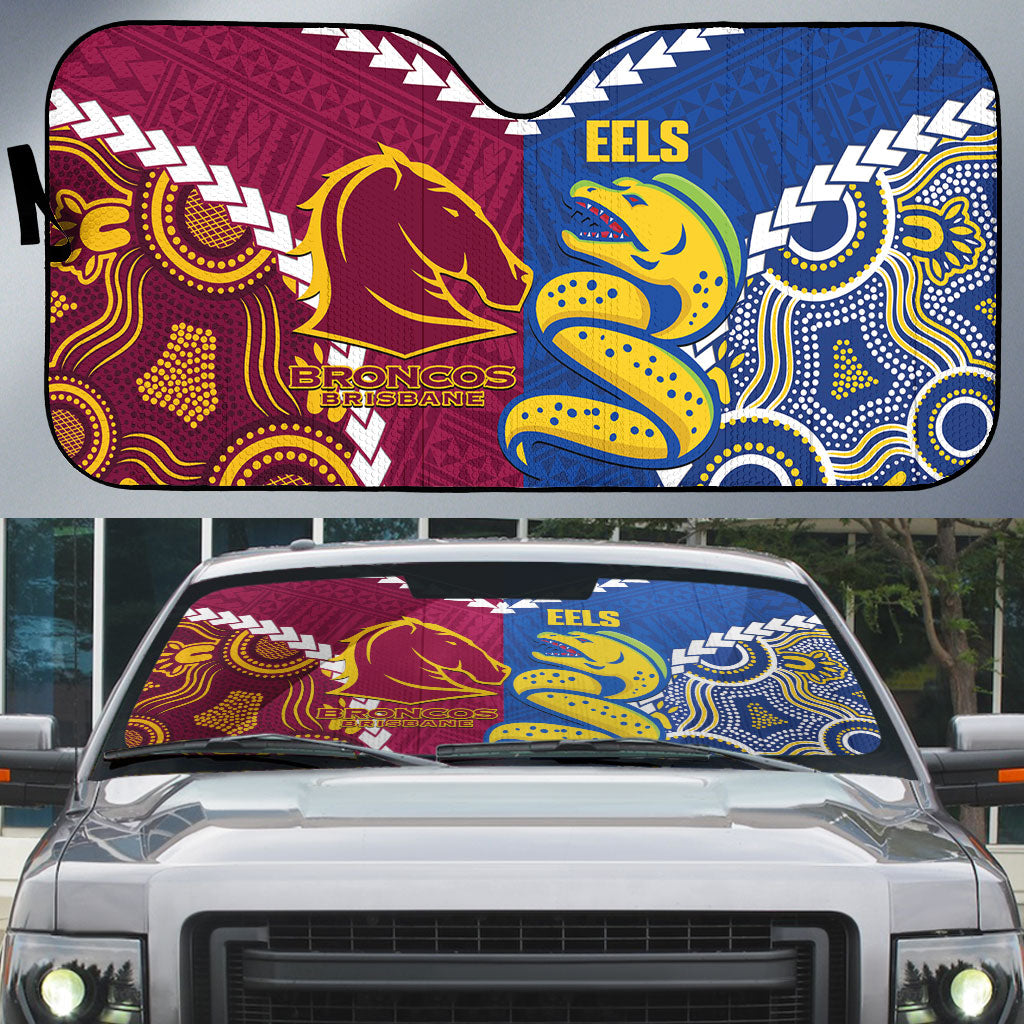 Rugby Broncos and Eels Auto Sun Shade 2026 Together Aboriginal Polynesian Pattern