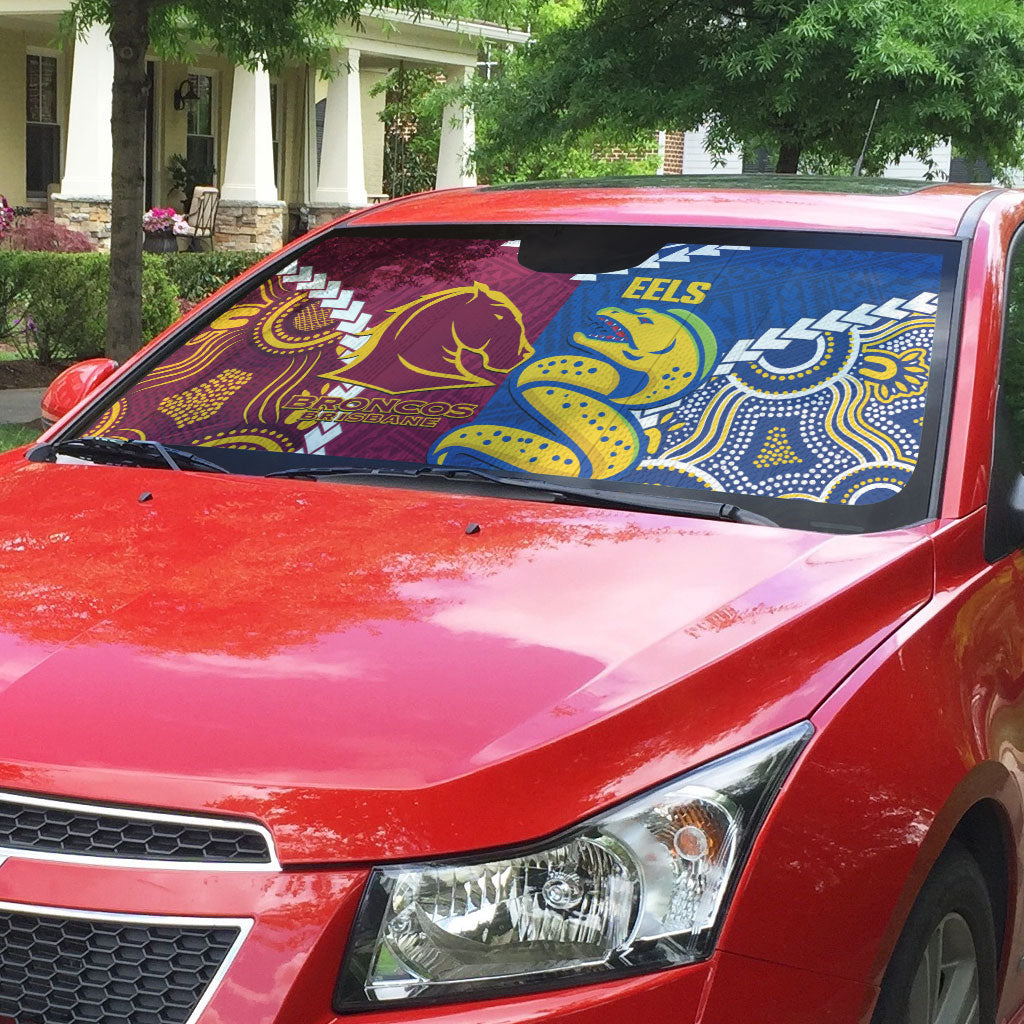 Rugby Broncos and Eels Auto Sun Shade 2026 Together Aboriginal Polynesian Pattern