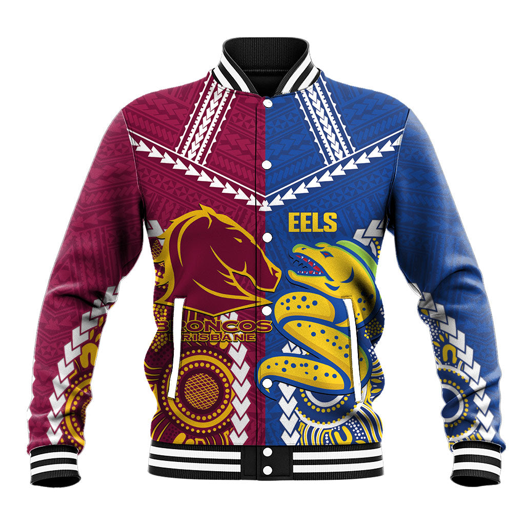 Custom Rugby Broncos and Eels Baseball Jacket 2026 Together Aboriginal Polynesian Pattern