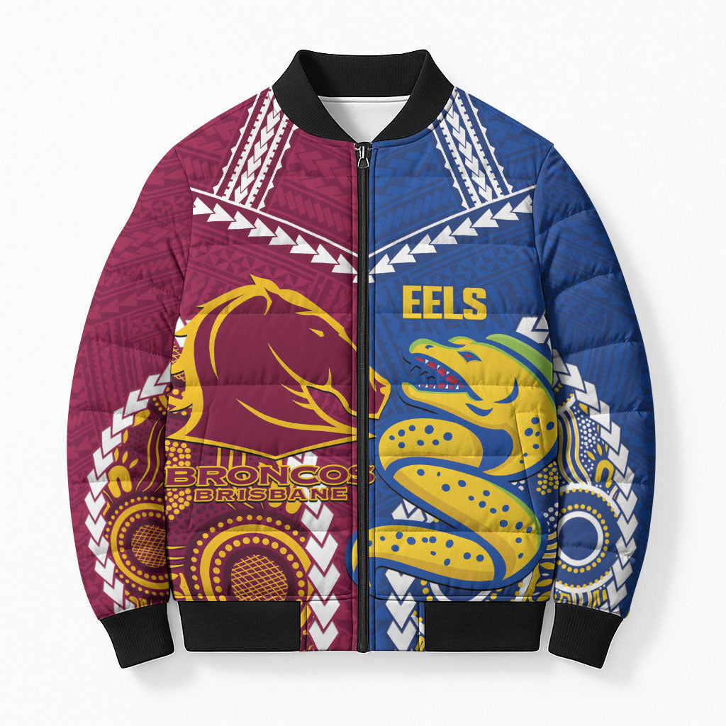 Custom Rugby Broncos and Eels Bomber Puffer Jacket 2026 Together Aboriginal Polynesian Pattern