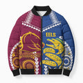 Custom Rugby Broncos and Eels Bomber Puffer Jacket 2026 Together Aboriginal Polynesian Pattern