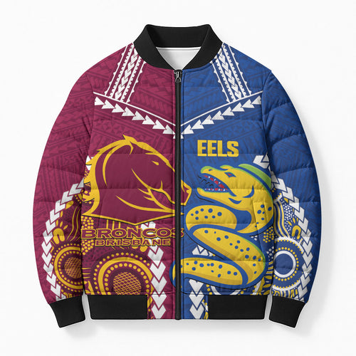 Custom Rugby Broncos and Eels Bomber Puffer Jacket 2026 Together Aboriginal Polynesian Pattern