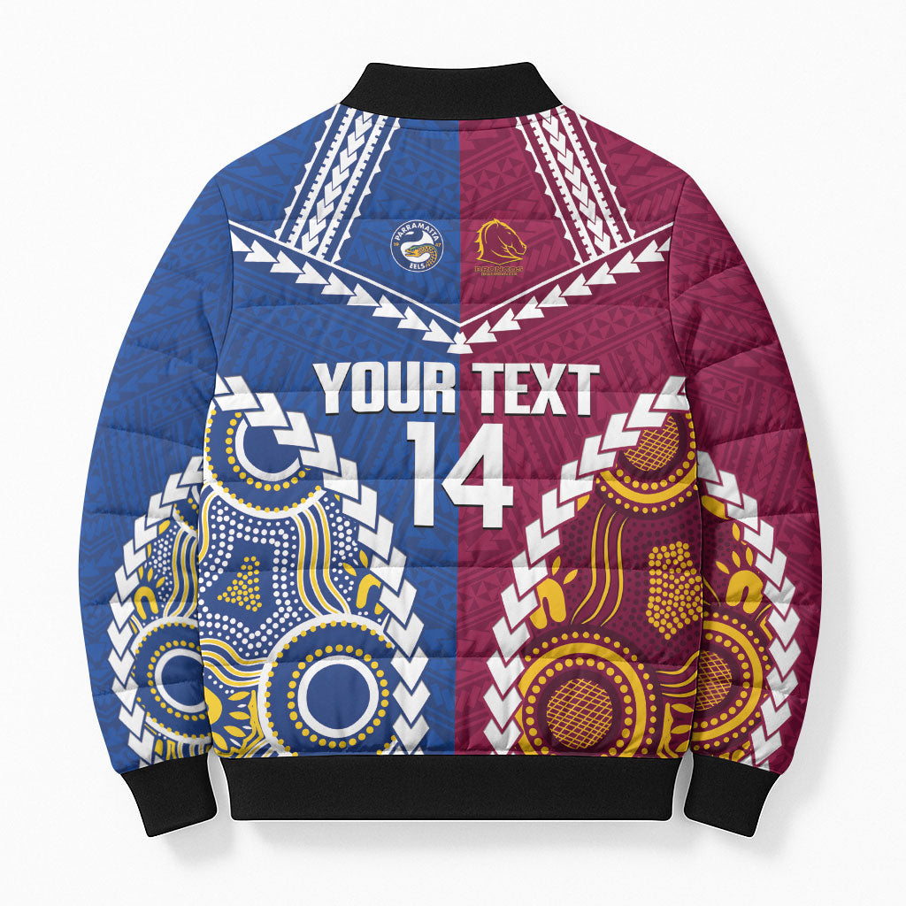 Custom Rugby Broncos and Eels Bomber Puffer Jacket 2026 Together Aboriginal Polynesian Pattern