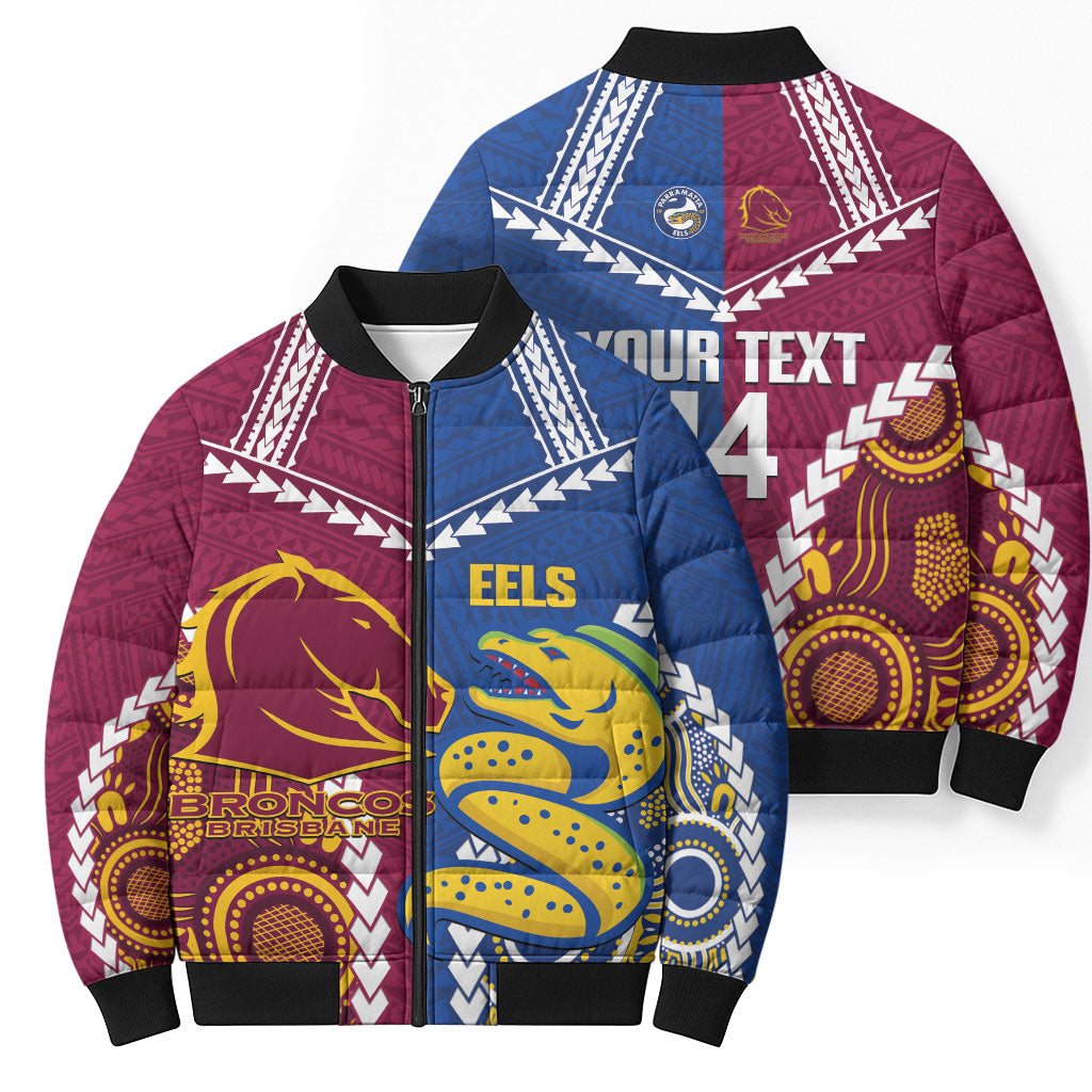 Custom Rugby Broncos and Eels Bomber Puffer Jacket 2026 Together Aboriginal Polynesian Pattern