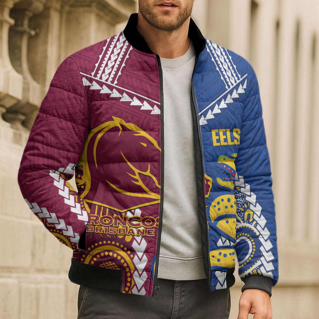 Custom Rugby Broncos and Eels Bomber Puffer Jacket 2026 Together Aboriginal Polynesian Pattern