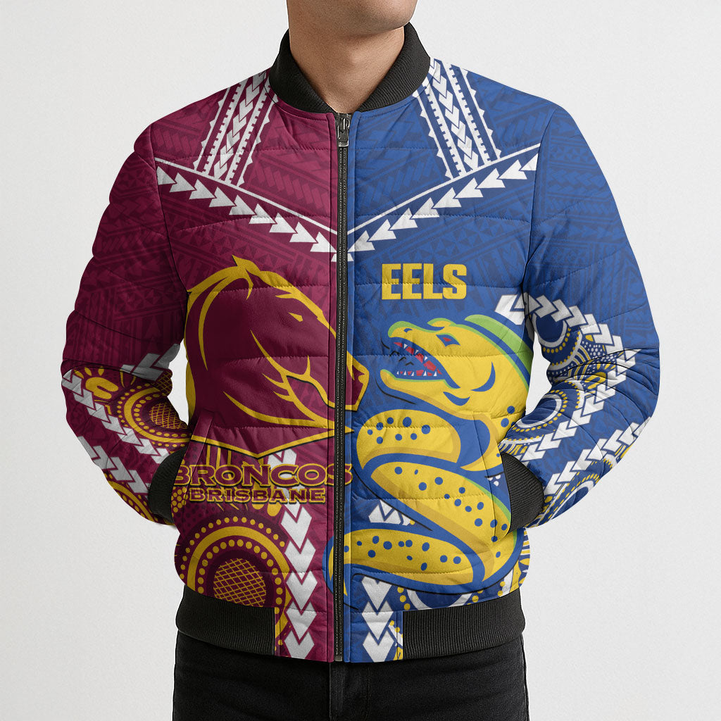 Custom Rugby Broncos and Eels Bomber Puffer Jacket 2026 Together Aboriginal Polynesian Pattern