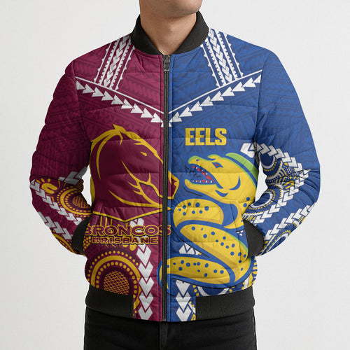 Custom Rugby Broncos and Eels Bomber Puffer Jacket 2026 Together Aboriginal Polynesian Pattern