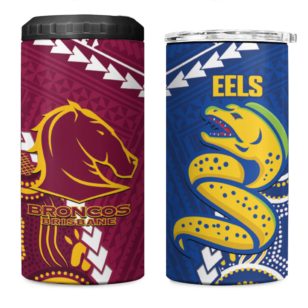 Custom Rugby Broncos and Eels 4 in 1 Can Cooler Tumbler 2026 Together Aboriginal Polynesian Pattern