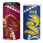 Custom Rugby Broncos and Eels 4 in 1 Can Cooler Tumbler 2026 Together Aboriginal Polynesian Pattern