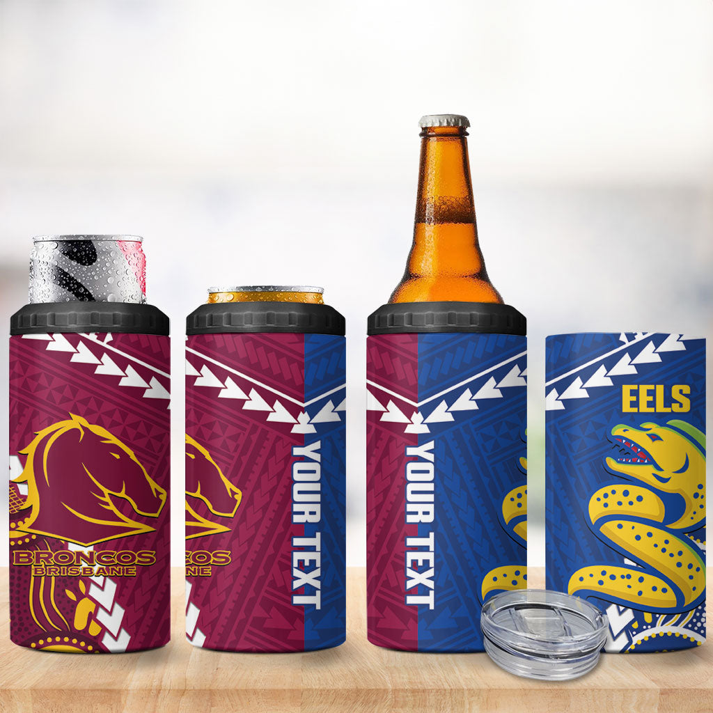 Custom Rugby Broncos and Eels 4 in 1 Can Cooler Tumbler 2026 Together Aboriginal Polynesian Pattern