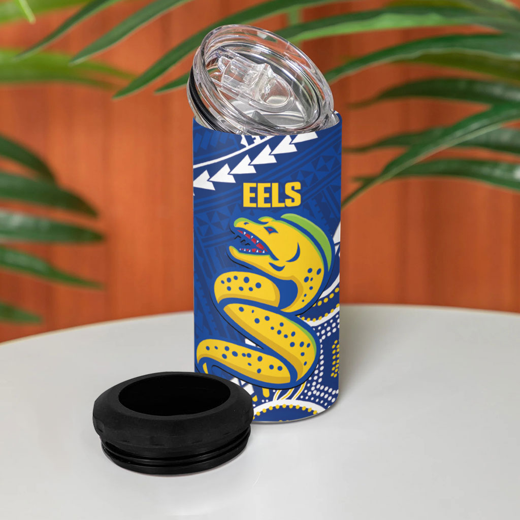 Custom Rugby Broncos and Eels 4 in 1 Can Cooler Tumbler 2026 Together Aboriginal Polynesian Pattern