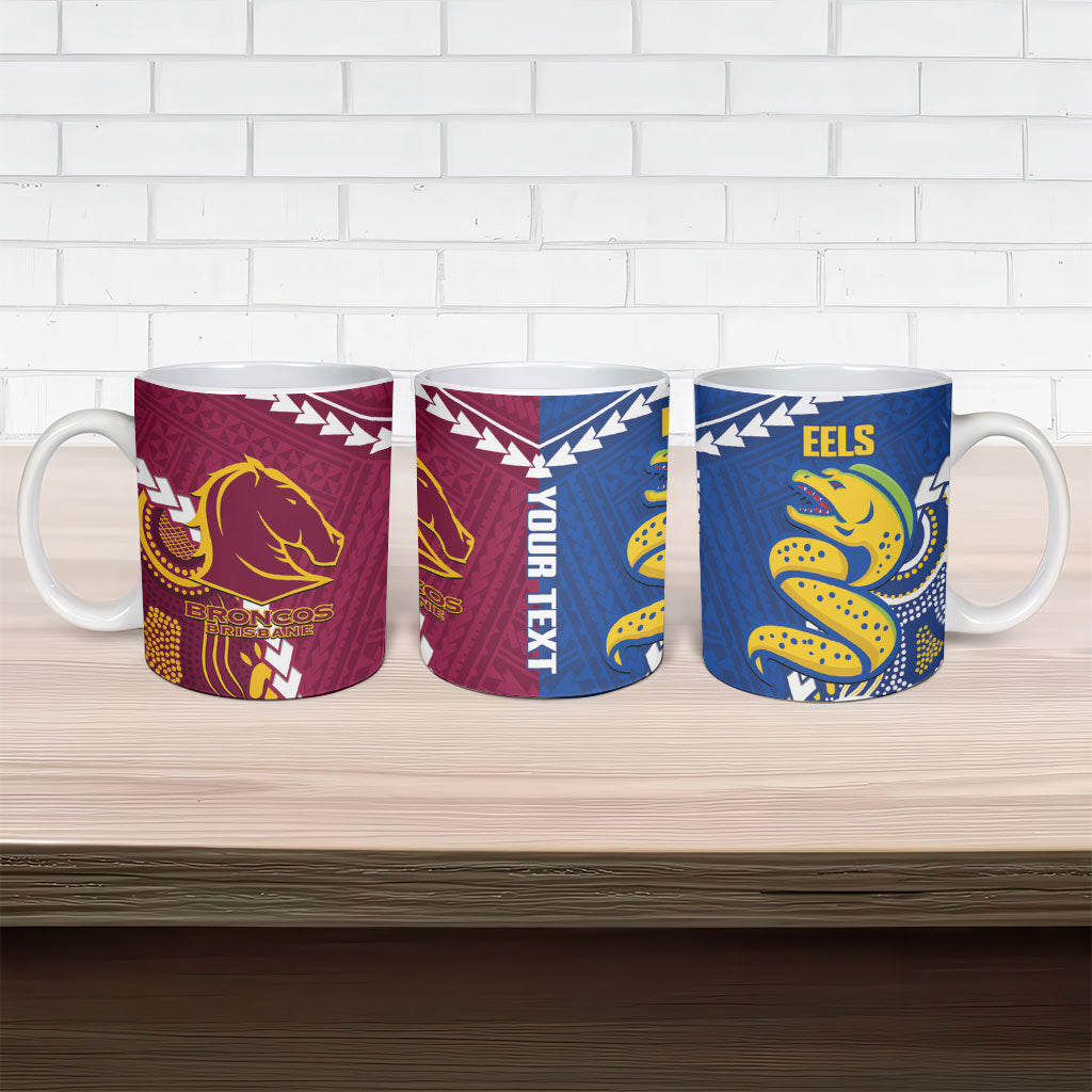 Custom Rugby Broncos and Eels Ceramic Mug 2026 Together Aboriginal Polynesian Pattern