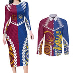 Custom Rugby Broncos and Eels Couples Matching Long Sleeve Bodycon Dress and Long Sleeve Button Shirt 2026 Together Aboriginal Polynesian Pattern
