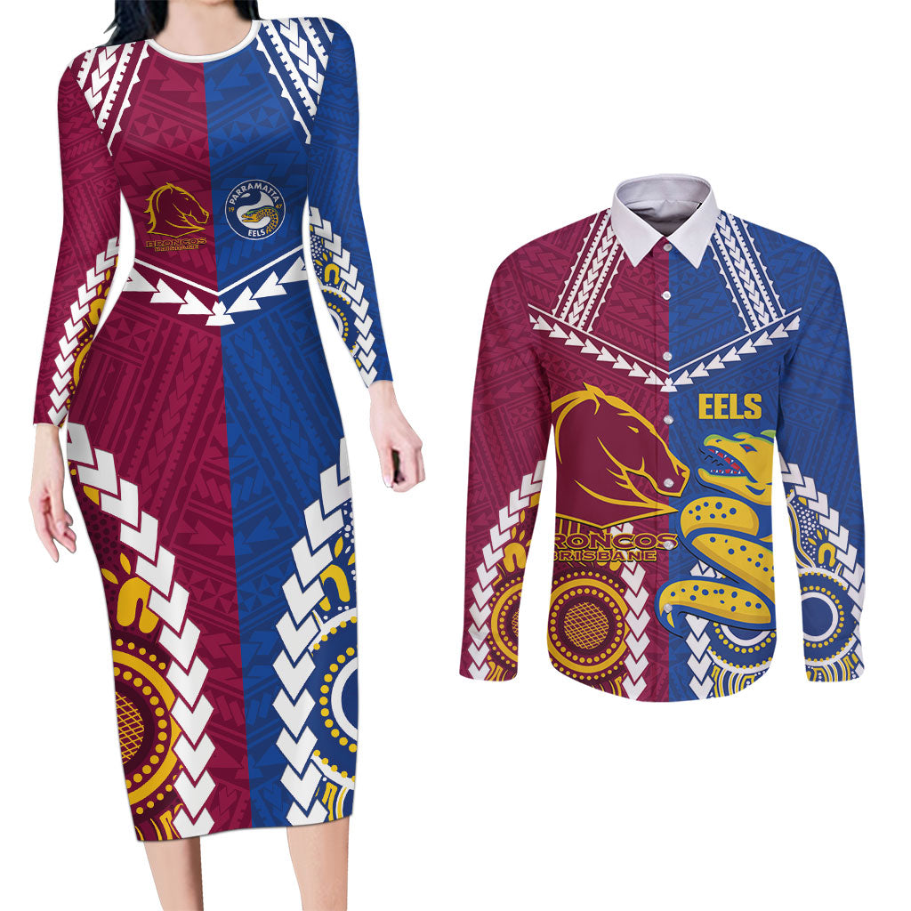 Custom Rugby Broncos and Eels Couples Matching Long Sleeve Bodycon Dress and Long Sleeve Button Shirt 2026 Together Aboriginal Polynesian Pattern
