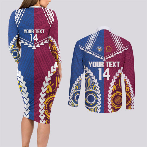 Custom Rugby Broncos and Eels Couples Matching Long Sleeve Bodycon Dress and Long Sleeve Button Shirt 2026 Together Aboriginal Polynesian Pattern
