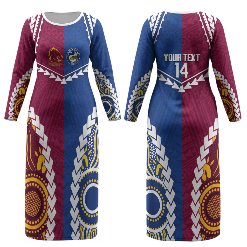 Custom Rugby Broncos and Eels Couples Matching Long Sleeve Bodycon Dress and Long Sleeve Button Shirt 2026 Together Aboriginal Polynesian Pattern LT14