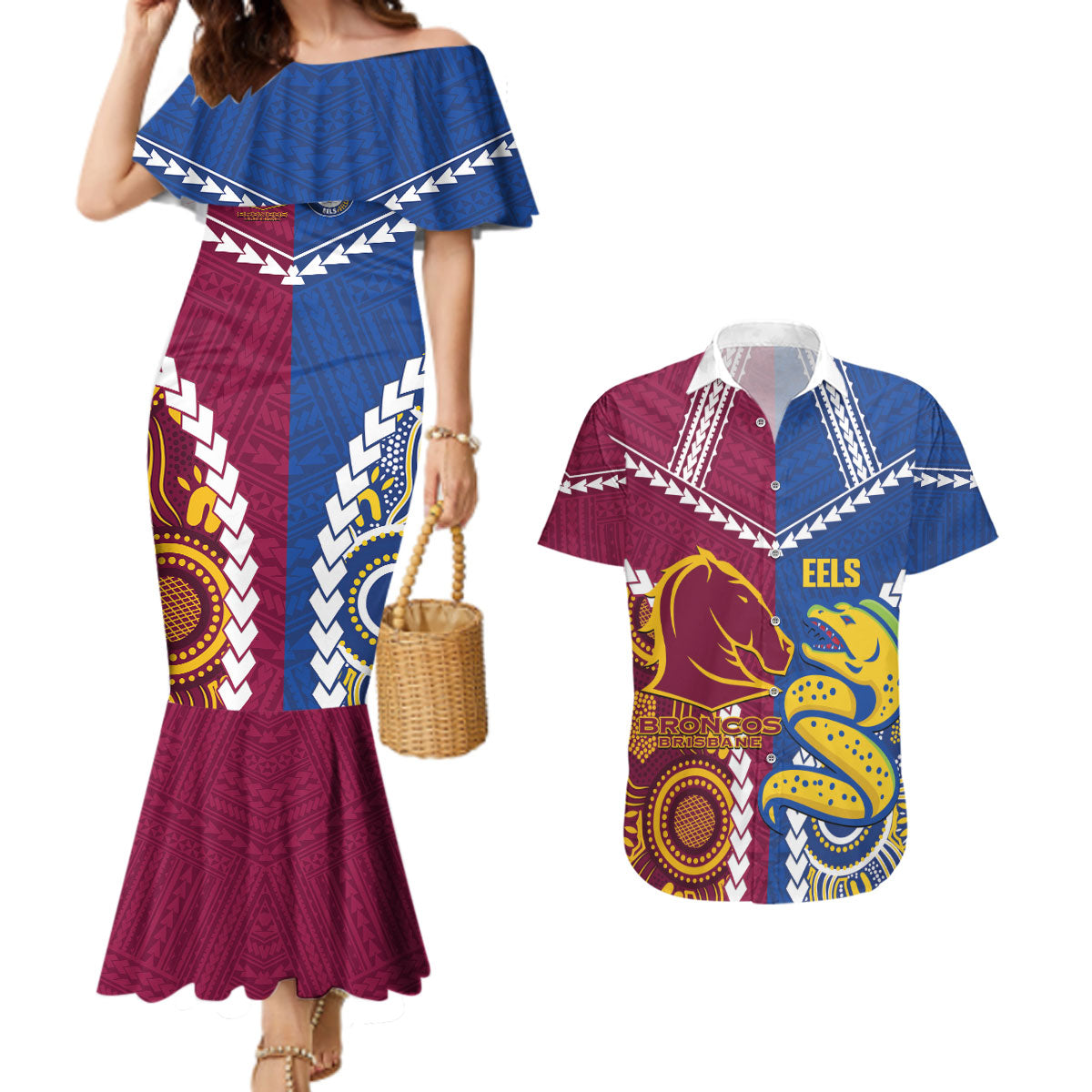Custom Rugby Broncos and Eels Couples Matching Mermaid Dress and Hawaiian Shirt 2026 Together Aboriginal Polynesian Pattern