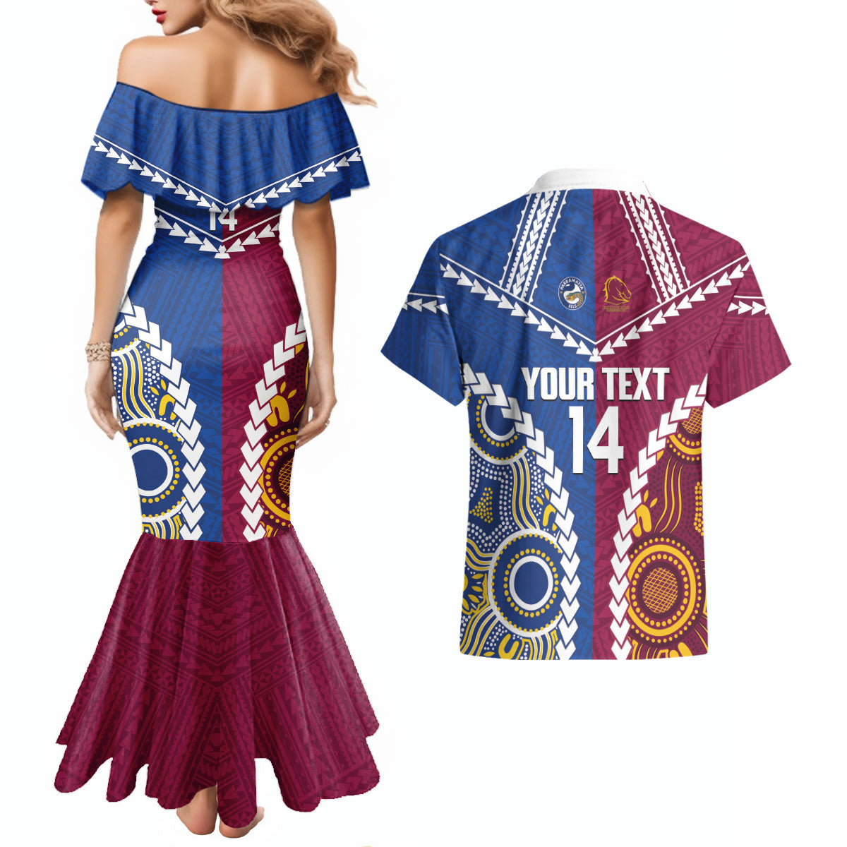 Custom Rugby Broncos and Eels Couples Matching Mermaid Dress and Hawaiian Shirt 2026 Together Aboriginal Polynesian Pattern