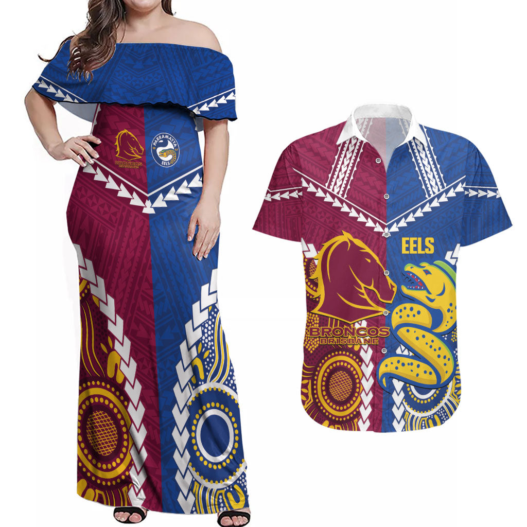 Custom Rugby Broncos and Eels Couples Matching Off Shoulder Maxi Dress and Hawaiian Shirt 2026 Together Aboriginal Polynesian Pattern