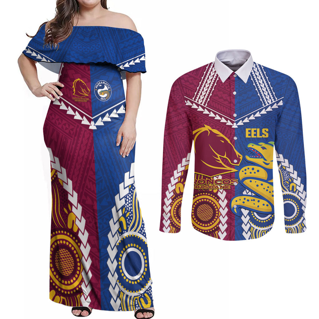 Custom Rugby Broncos and Eels Couples Matching Off Shoulder Maxi Dress and Long Sleeve Button Shirt 2026 Together Aboriginal Polynesian Pattern