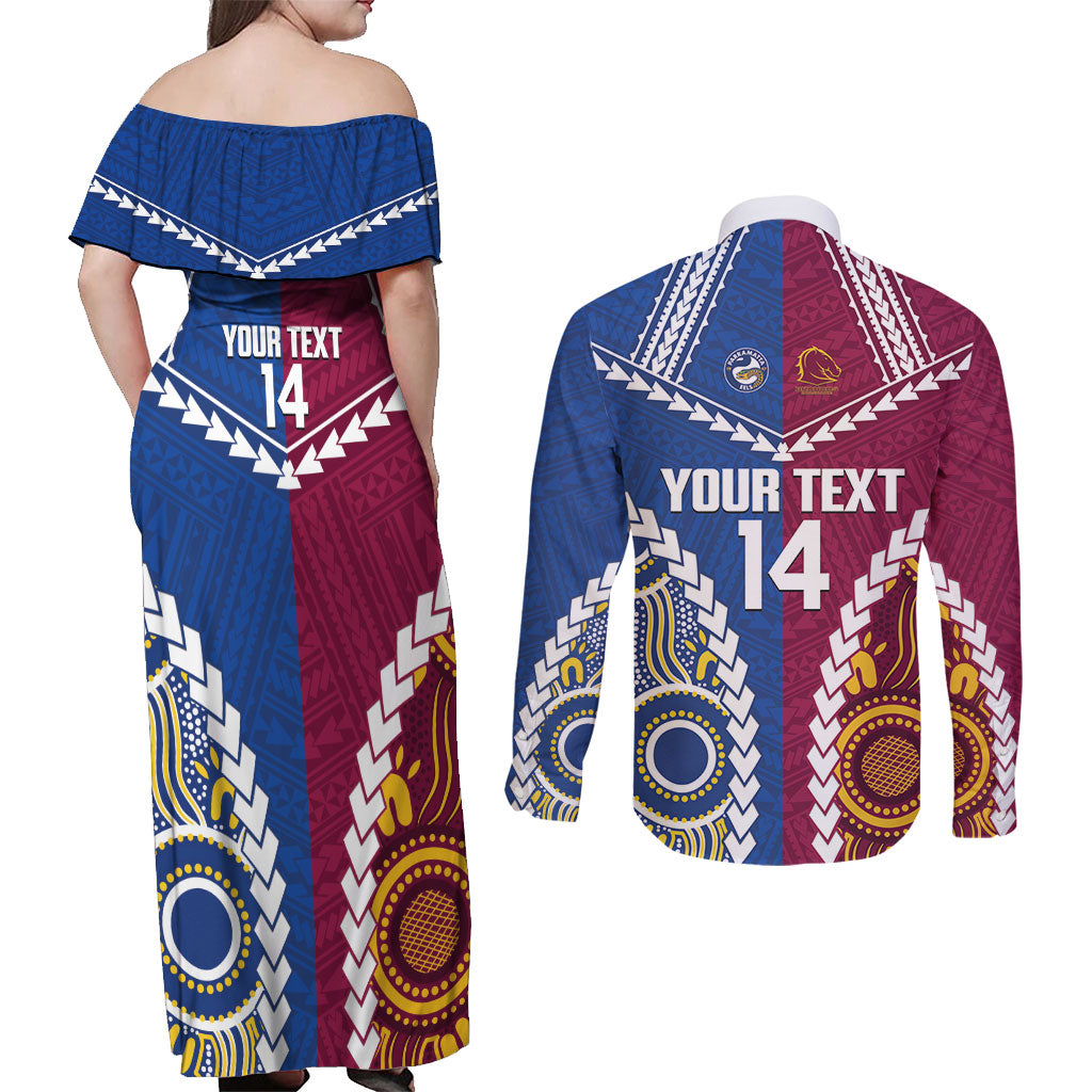 Custom Rugby Broncos and Eels Couples Matching Off Shoulder Maxi Dress and Long Sleeve Button Shirt 2026 Together Aboriginal Polynesian Pattern