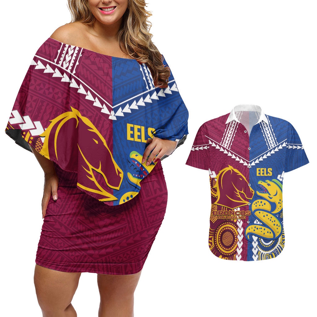 Custom Rugby Broncos and Eels Couples Matching Off Shoulder Short Dress and Hawaiian Shirt 2026 Together Aboriginal Polynesian Pattern