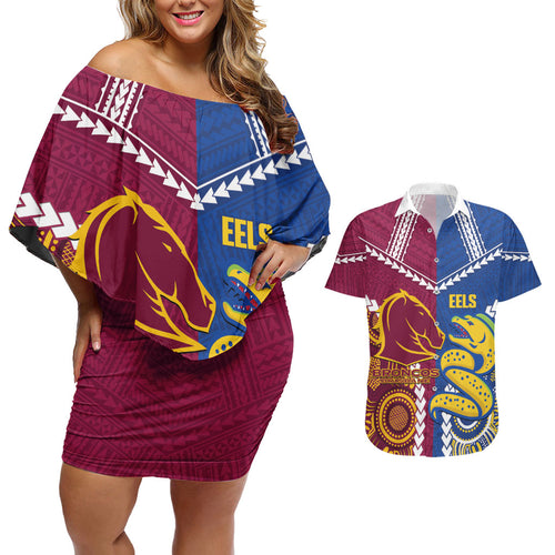 Custom Rugby Broncos and Eels Couples Matching Off Shoulder Short Dress and Hawaiian Shirt 2026 Together Aboriginal Polynesian Pattern