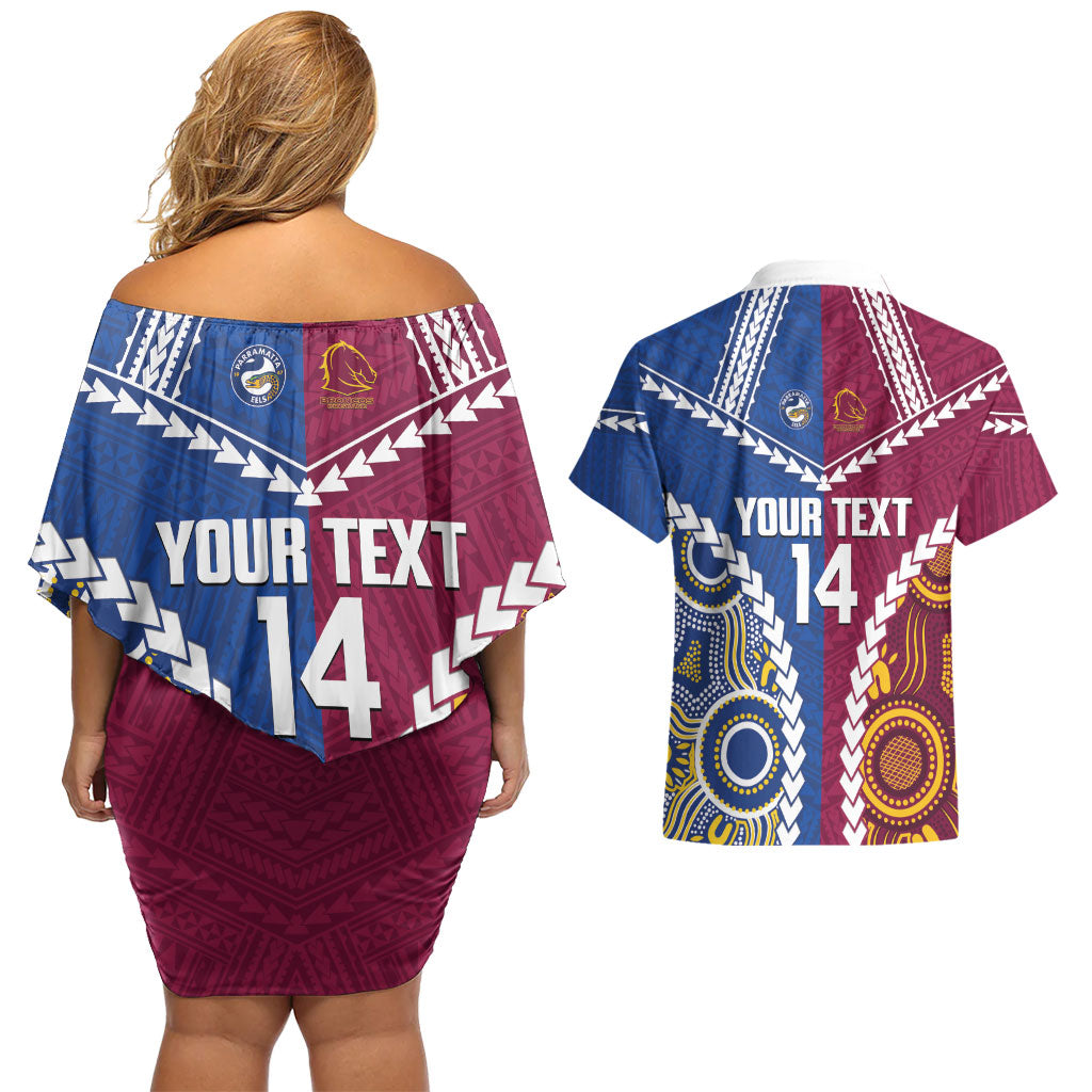 Custom Rugby Broncos and Eels Couples Matching Off Shoulder Short Dress and Hawaiian Shirt 2026 Together Aboriginal Polynesian Pattern