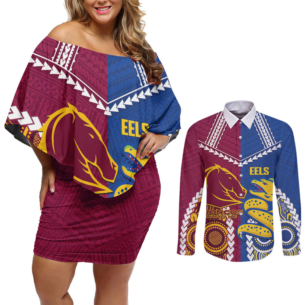 Custom Rugby Broncos and Eels Couples Matching Off Shoulder Short Dress and Long Sleeve Button Shirt 2026 Together Aboriginal Polynesian Pattern