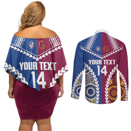 Custom Rugby Broncos and Eels Couples Matching Off Shoulder Short Dress and Long Sleeve Button Shirt 2026 Together Aboriginal Polynesian Pattern