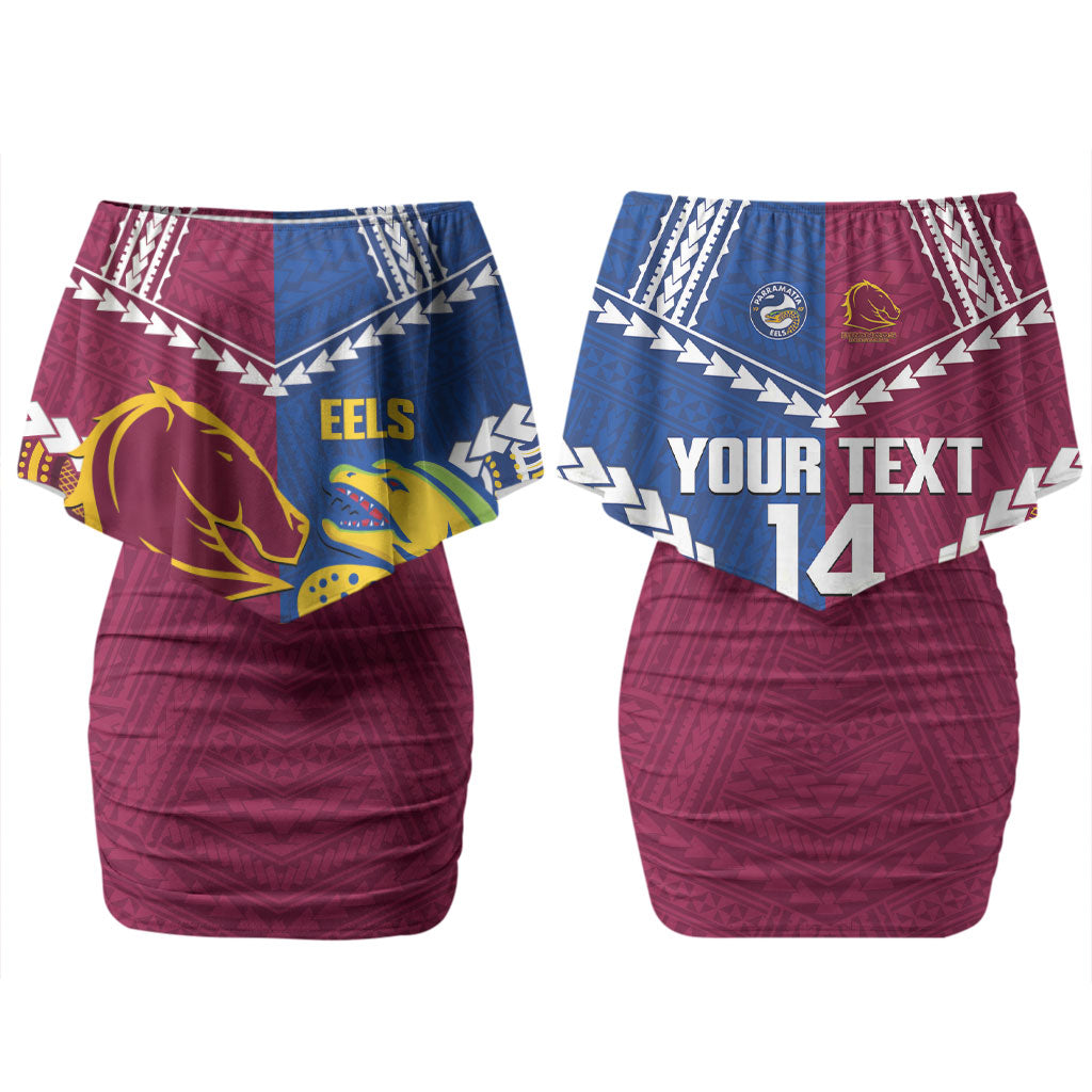 Custom Rugby Broncos and Eels Couples Matching Off Shoulder Short Dress and Long Sleeve Button Shirt 2026 Together Aboriginal Polynesian Pattern LT14
