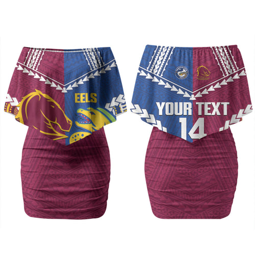 Custom Rugby Broncos and Eels Couples Matching Off Shoulder Short Dress and Long Sleeve Button Shirt 2026 Together Aboriginal Polynesian Pattern LT14