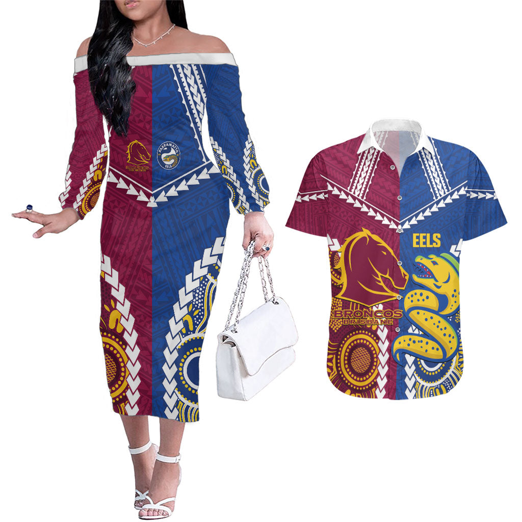 Custom Rugby Broncos and Eels Couples Matching Off The Shoulder Long Sleeve Dress and Hawaiian Shirt 2026 Together Aboriginal Polynesian Pattern