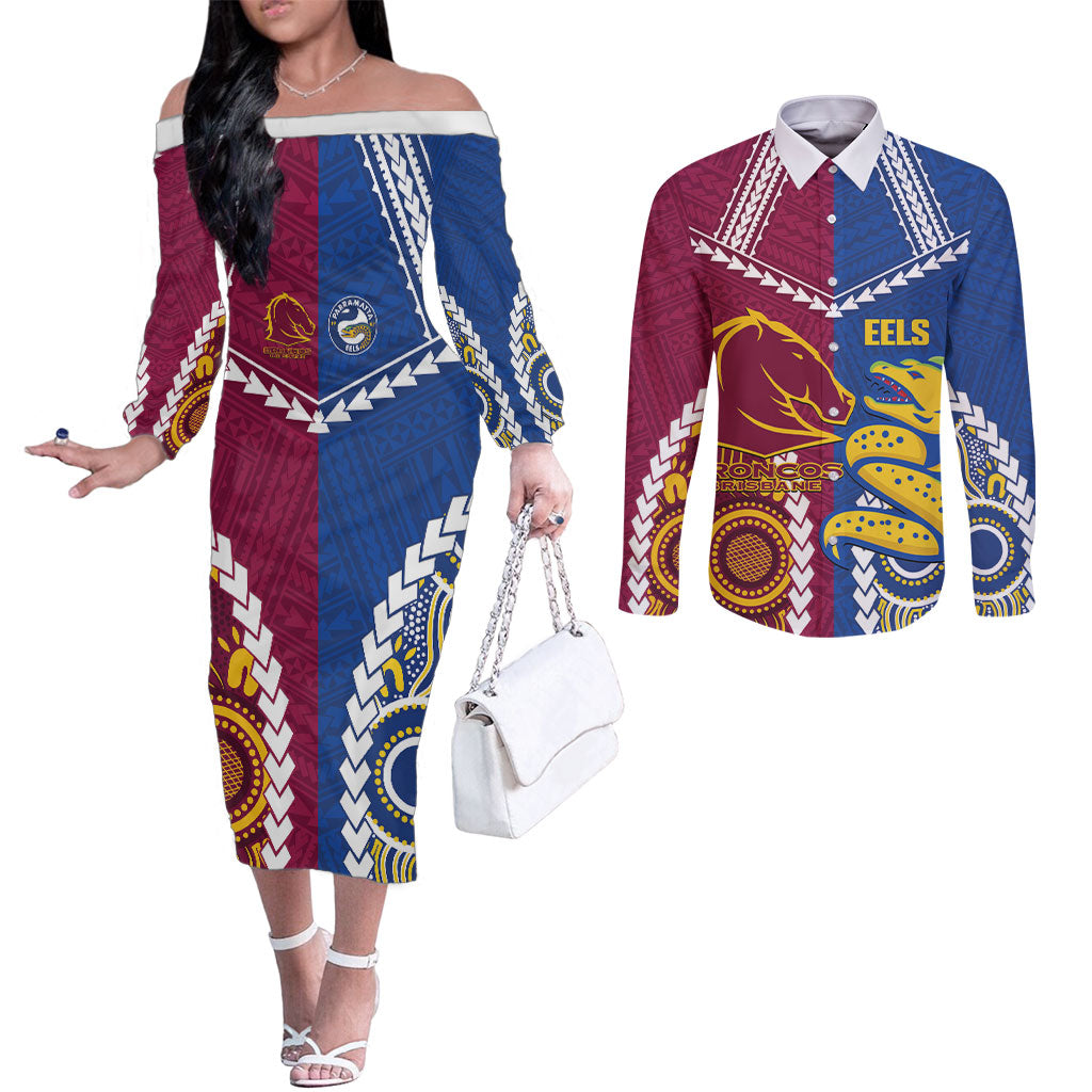 Custom Rugby Broncos and Eels Couples Matching Off The Shoulder Long Sleeve Dress and Long Sleeve Button Shirt 2026 Together Aboriginal Polynesian Pattern