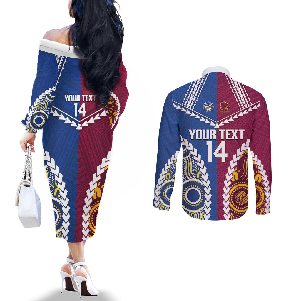 Custom Rugby Broncos and Eels Couples Matching Off The Shoulder Long Sleeve Dress and Long Sleeve Button Shirt 2026 Together Aboriginal Polynesian Pattern