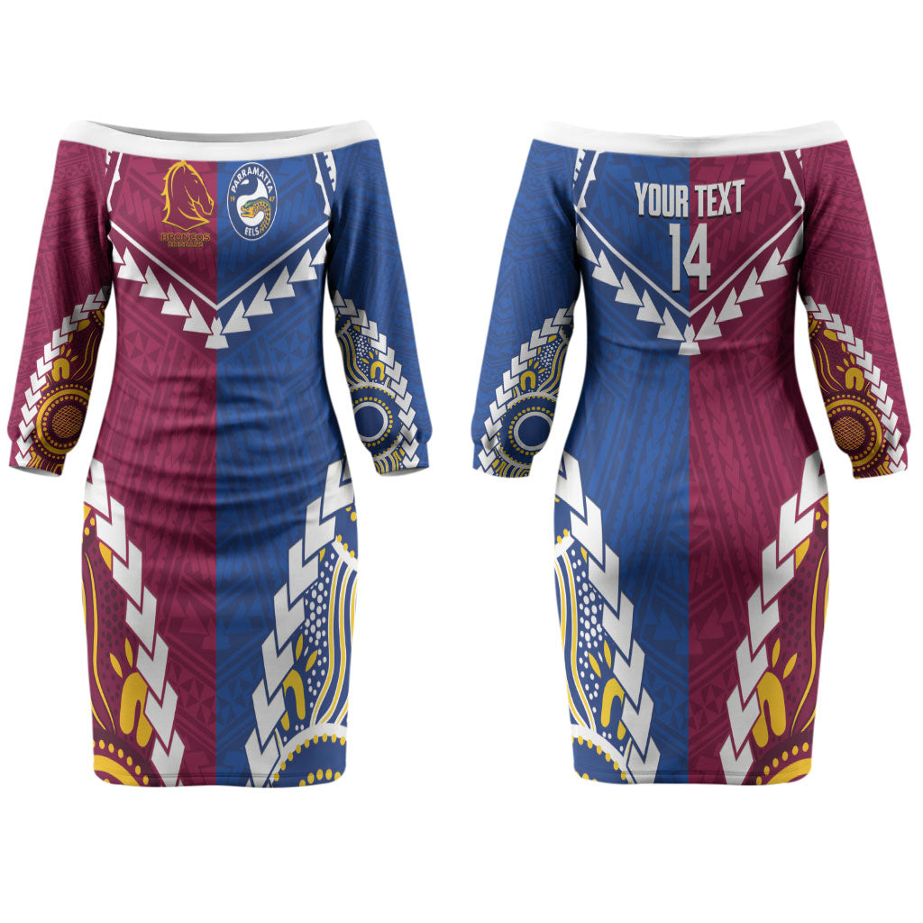 Custom Rugby Broncos and Eels Couples Matching Off The Shoulder Long Sleeve Dress and Long Sleeve Button Shirt 2026 Together Aboriginal Polynesian Pattern LT14